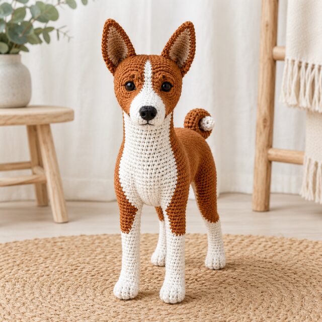 Basenji Crochet Pattern PDF, Realistic Red White Dog Amigurumi, Curled Tail Basenji Tutorial, Digital Download
